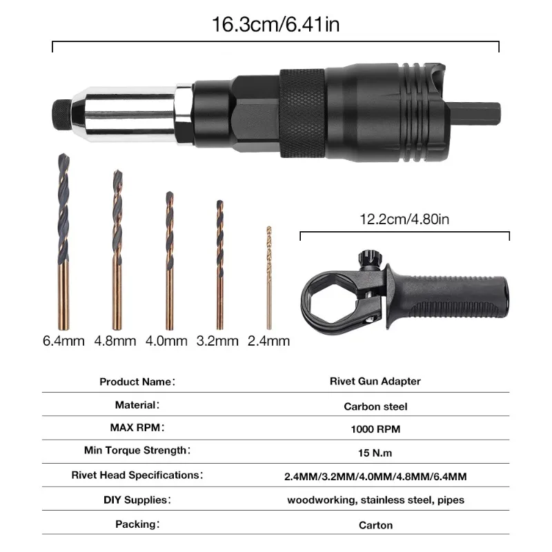 Adapters, cordless rivet drills, electric rivet guns, nut tools, and accessories