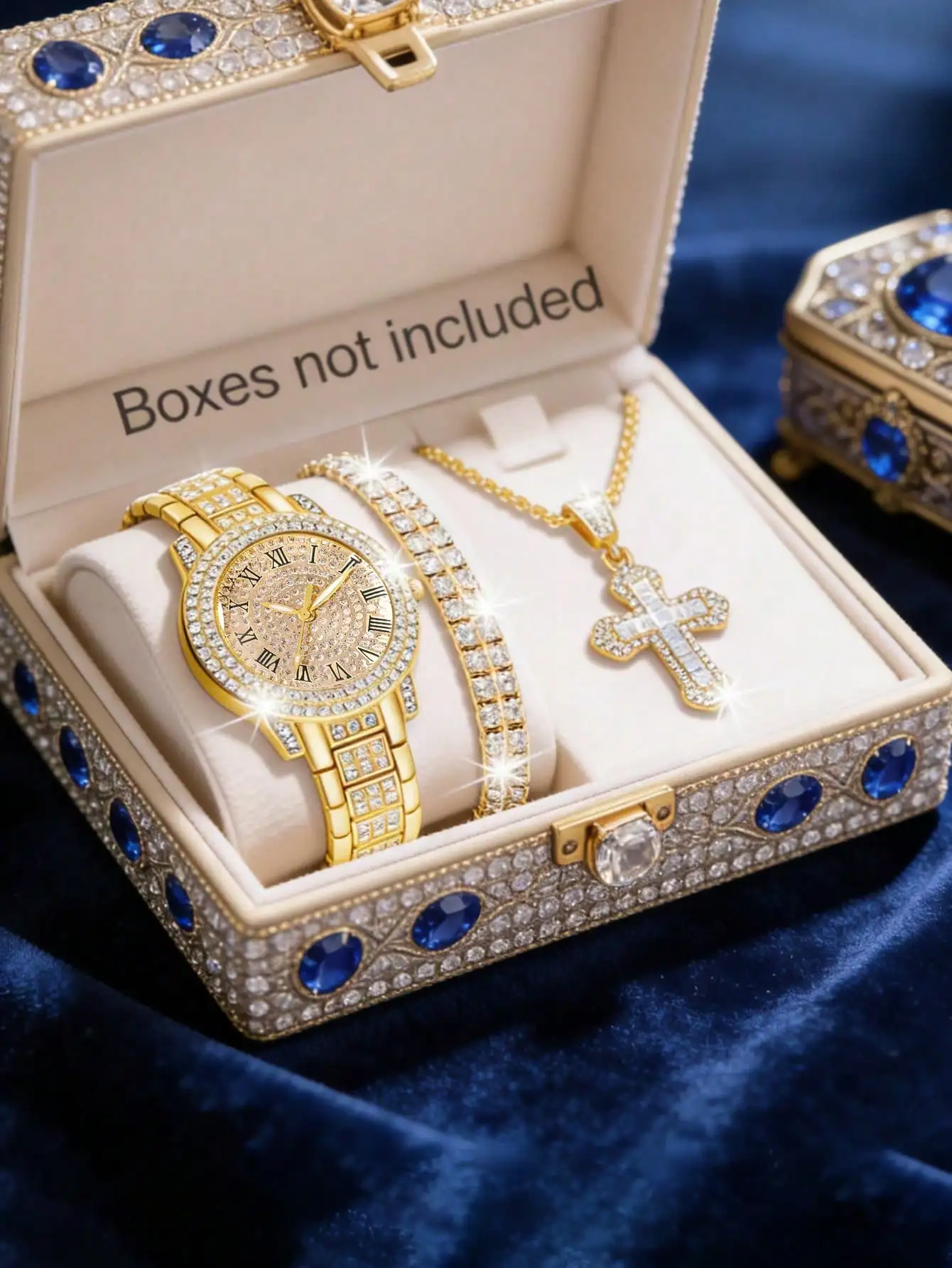 1 Set Women's Fashion Charm Quartz Watch & Jewelry Set, Gold Round Dial Watch With Rhinestone Bracelet And Necklace,