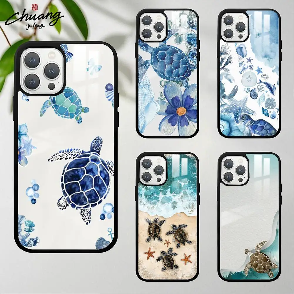 الحياة البحرية السلاحف البحرية الفن جراب هاتف آيفون 11 12 13 14 15 16Pro ماكس زائد نسيج زجاجي عالي الجودة