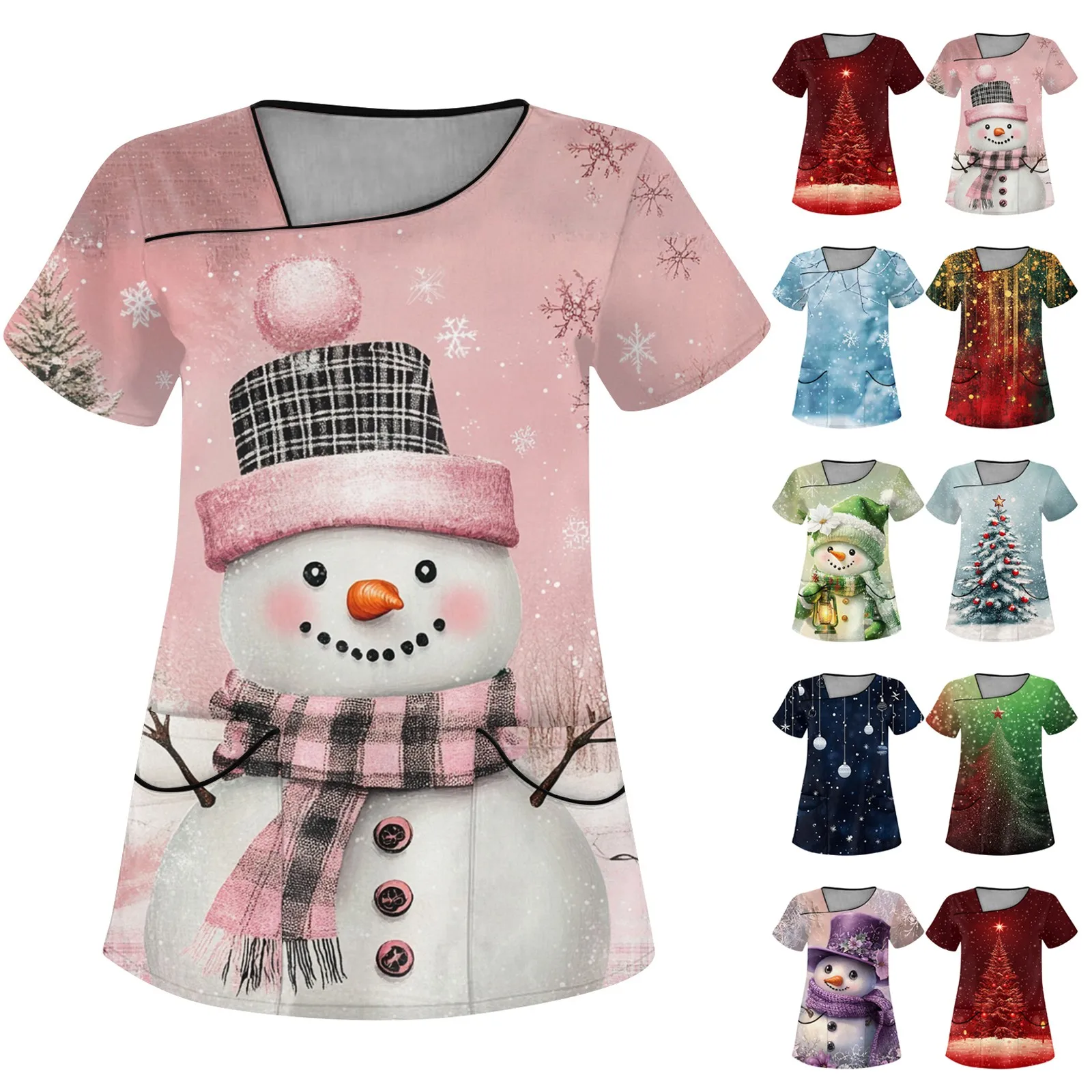Sanitary Uniform Woman Cute Snowman Prints V-Neck Short Sleeve Pockets in Micro-Elastic Material Tops Clinical Uniforms Woman