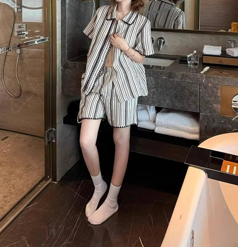 2026 Striped Pajamas Women's Summer Short Sleeve Set Premium Cardigan Homewear