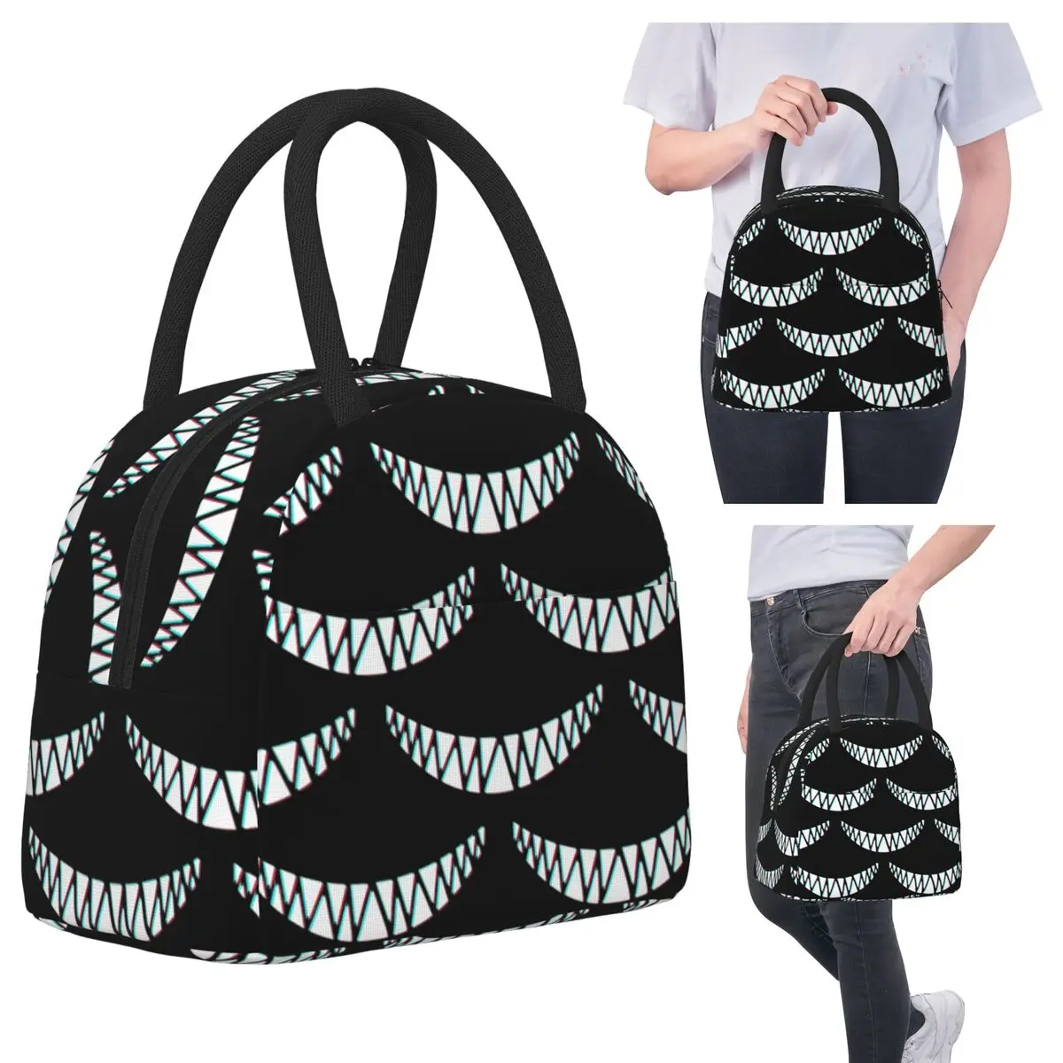 

Красивая улыбка с острыми зубами демона, изолированная сумка для обеда для детей, школьный холодильник, термосумка для еды, портативные коробки для завтрака