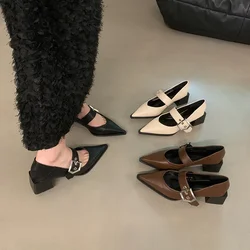 Female New 2024 Footwear Heels Women Pumps Shallow Shoes Pointed Toe Fashion Metal Buckle Strap Ladies Thick Heels Shoes