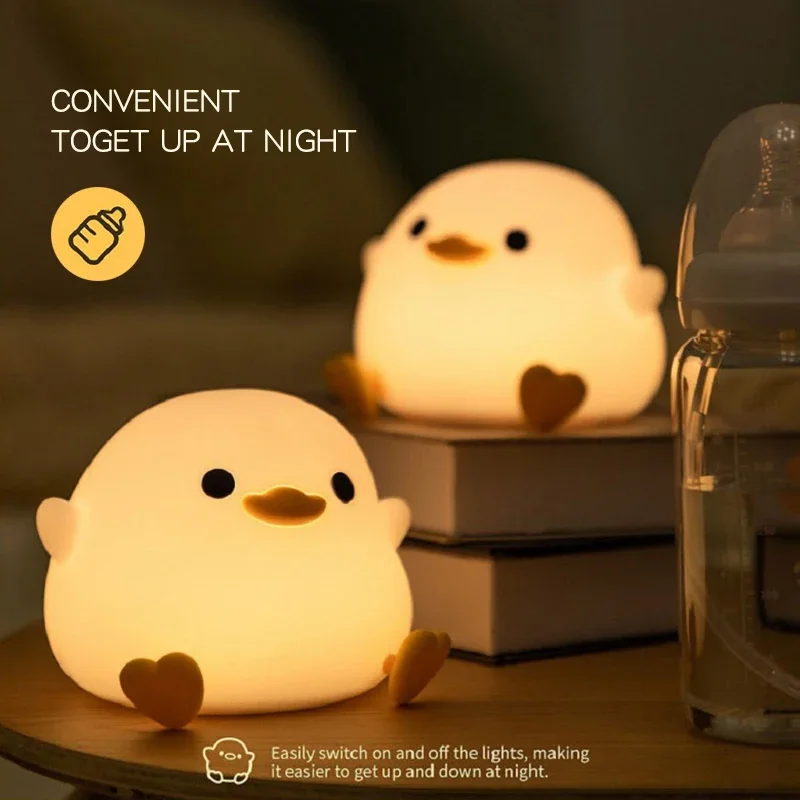 Doudou Duck Night Light for Children, Soft Light, USB Charging, Timing, Automatic Clap, Silicone Lamp, Gift for Kids, 1PC