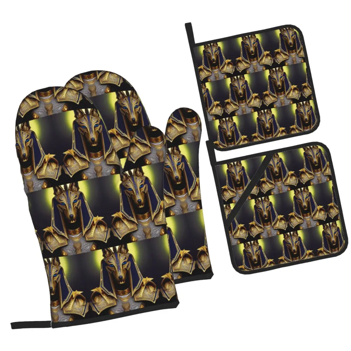 Egyptian God Anubis Art Oven Mitts and Pot Holder Sets of 4 for Baking Kitchen Cooking BBQ Resistant Non-Slip Gloves