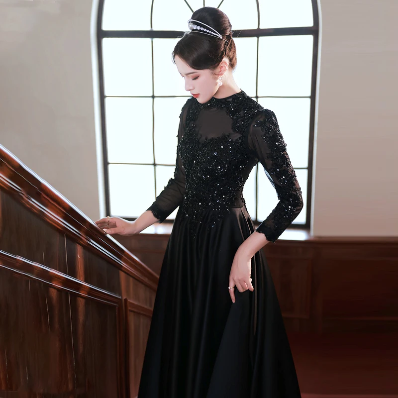 It\'s Yiiya High Neck Evening Dress Black Zipper Back A-Line Floor Length Full Sleeves Plus size Woman Formal Party Gowns XC016