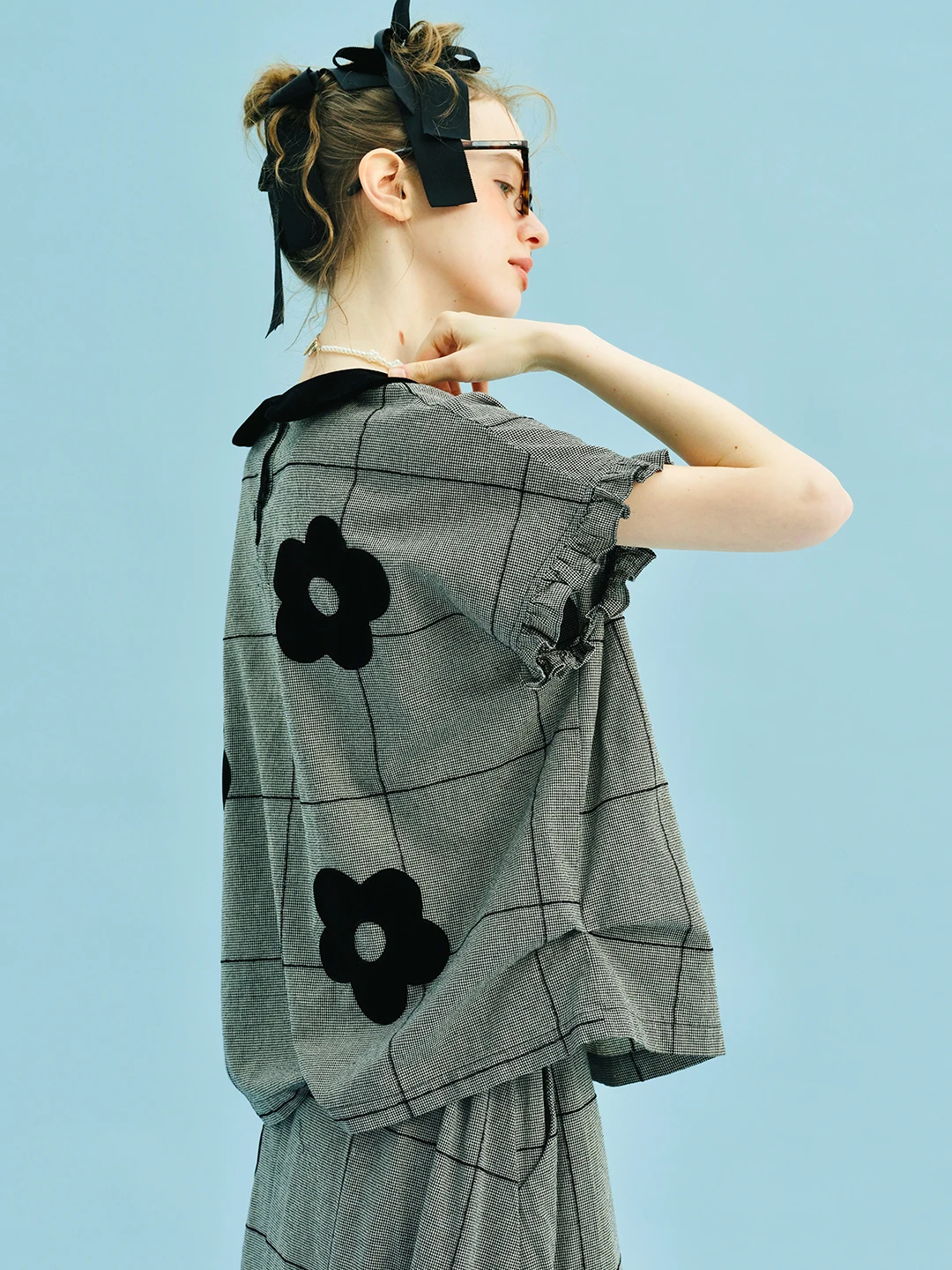 Women's Gray Checkered Top Short Sleeve Black Collar Floral Decorations Ruffled Cuffs Casual Daily Wear Stylish Comfort 255066