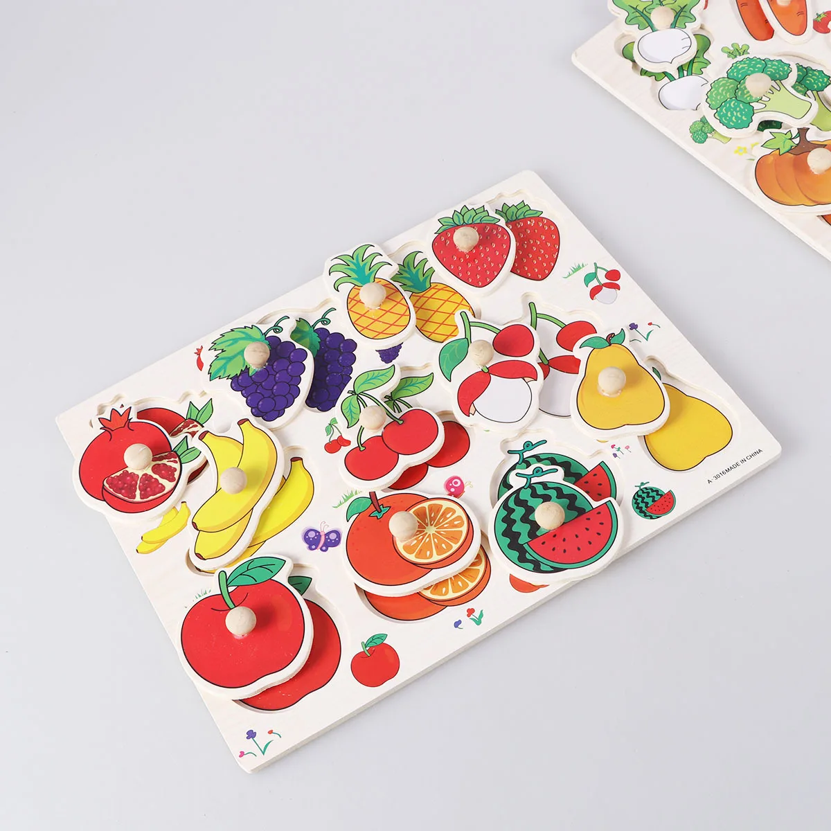 2 szt. Drewniane puzzle z prawdziwego drewna, puzzle z gałkami dla maluchów, gra edukacyjna do sortowania kształtów i dopasowywania, narzędzie edukacyjne z owocami i warzywami