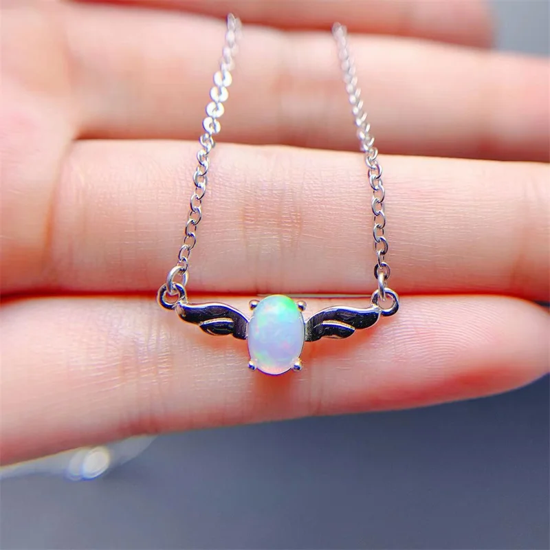 

Natural Opal Clavicle Necklace 925 Silver Engagement Wedding Angel's Wing Shape Pendant Necklace for Women