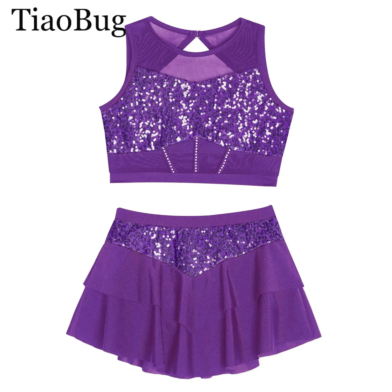 

Girls Hip Hop Jazz Dance Costume Sleeveless Cutout Sheer Mesh Shiny Sequins Crop Top with Tiered Skirt Cheerleading Dan