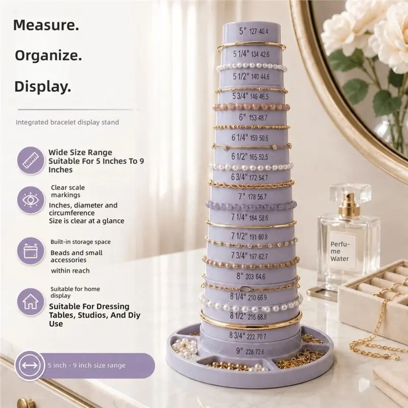 [NEWA76K!】 Segmented Bracelet Sizing Mandrel Rotatable Tower With 5-9 Inch Markings 6 Compartment Storage Base