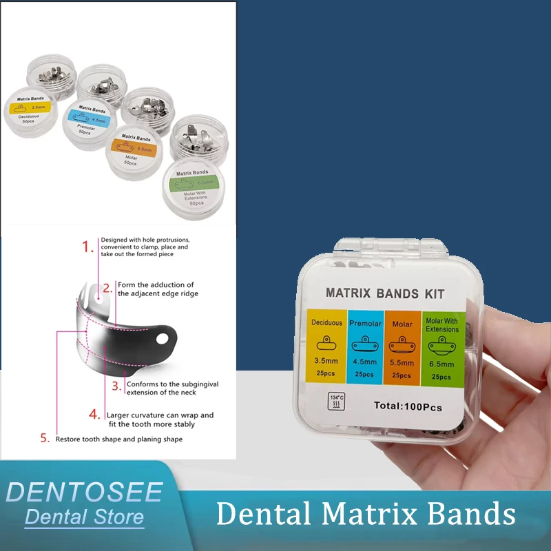 

Dental Matrix Bands Kit 4 Sizes (3.5/4.5/5.5/6.5mm) Metal Contoured Teeth Filling Tools for Dentist Clinic