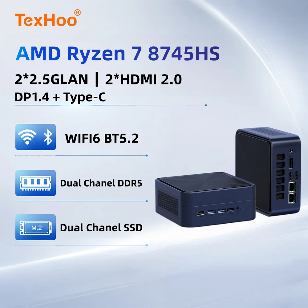 TexHoo Gaming Mini PC AMD Ryzen7 8745HS 7840HS 7735HS Radeon 780M WIFI6 BT5.2 DDR5 2x2.5G LAN R5-6600H Desktop Computer Barebone