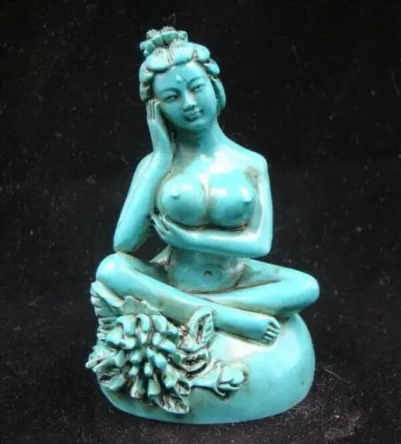Chinese Handmade Carved Statue People Ancient beauty Natural Turquoise Deco Art
