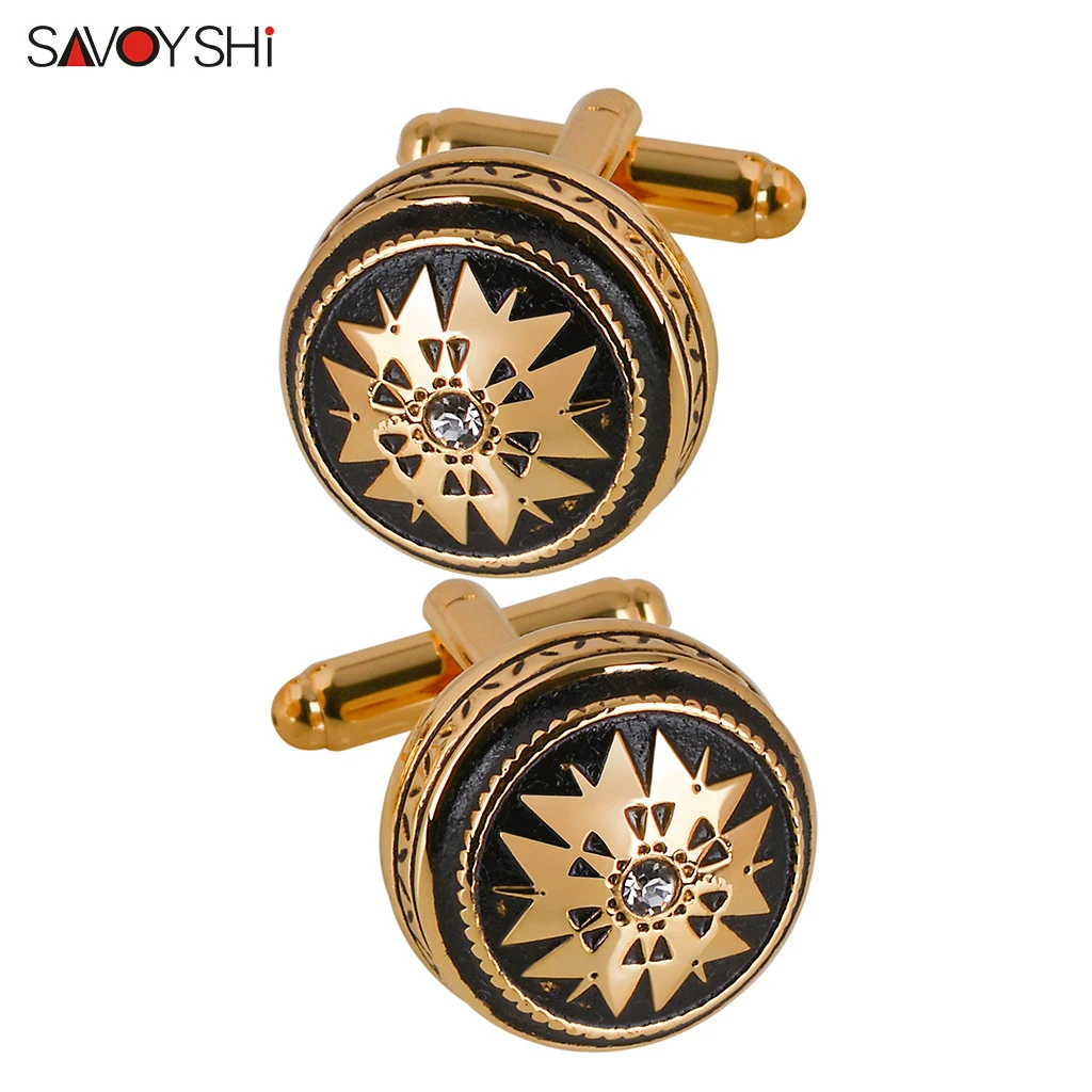 SAVOYSHI Crystal Round Cufflinks For Mens French Shirt Business Gift Jewelry Cuff Buttons High Quality Gold Plated Cuff Links