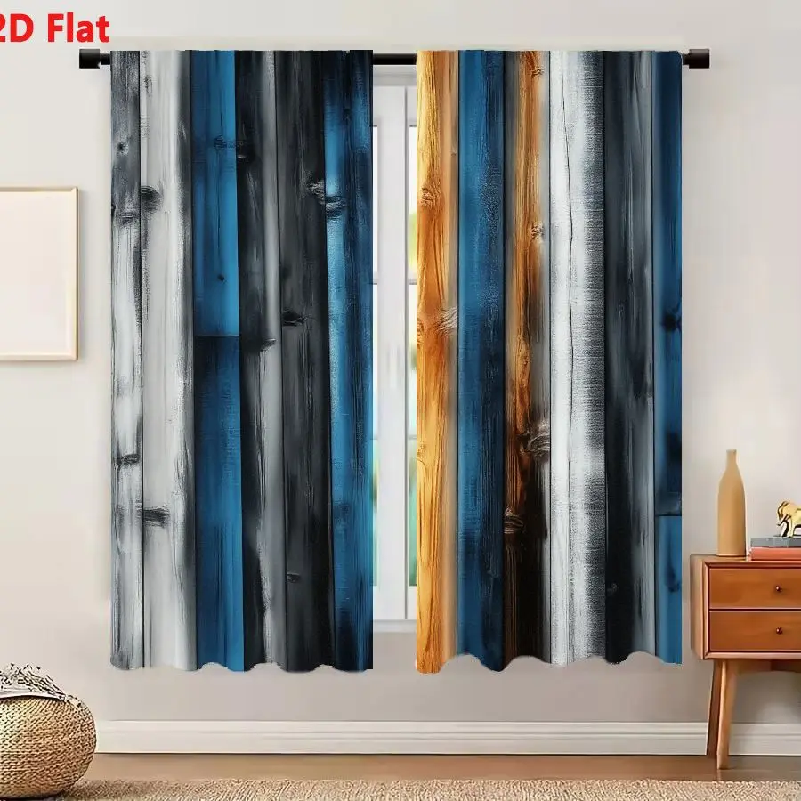 2Pcs Curtains 2D Flat Vertical Arrangement Wooden Planks In Various Colors Textures Weathered Polished Panels For Decorative Bac