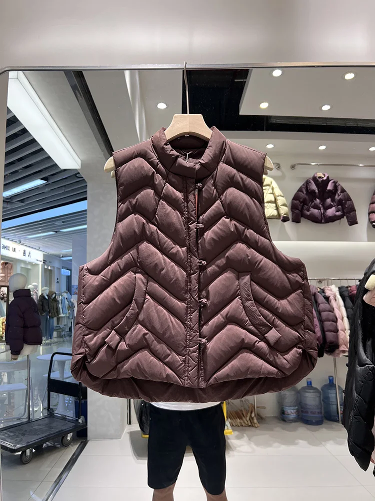 2025 winter new dish button rib design sense down jacket women's short style versatile stand collar white duck down vest