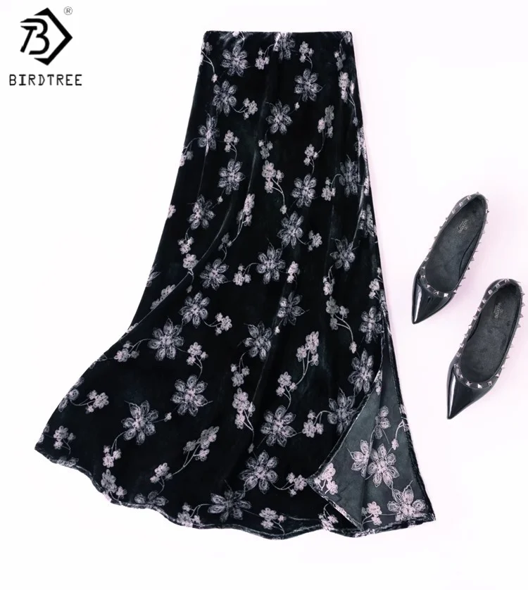 

Birdtree 100% Silk Velvet Bias-cut Long Skirt,Women Retro Print Elastic Waist Skirts,Autumn Side Slit Fishtail Dress D59020JF
