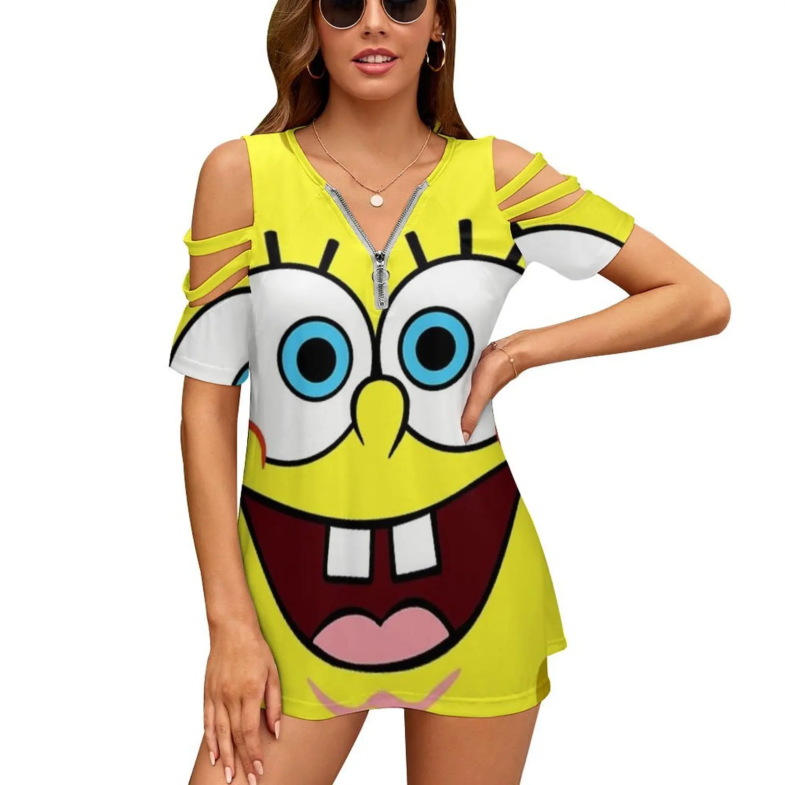 Face Women's T-Shirt Summer Fashion Print Floral V-Neck Zipper Tshirt Hollow Pullover Ladies Top Yellow Cartoon Squarepants