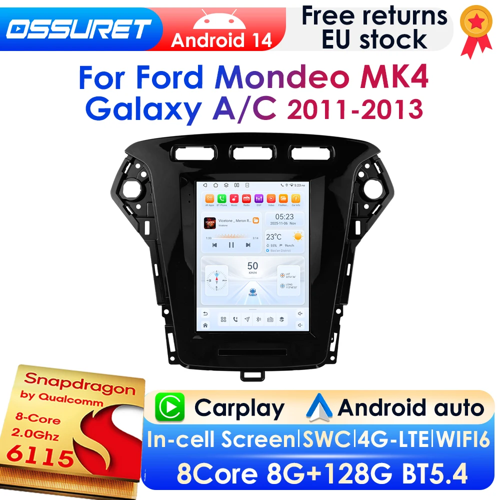 2 DIN 9,7 Zoll Vertikalbildschirm Android 14 Autoradio für Ford Mondeo MK4 / Galaxy 2011 - 2013 Auto-Multimedia-GPS-Player Wireless Carplay Android Auto 4G DSP BT Mirror Link SWC 360-Grad-Kamera 2Din