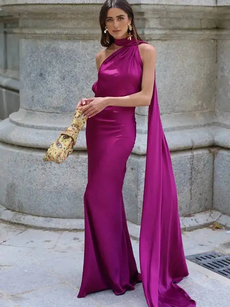 Ribbon Hanging Neck Long Dresses Women Printed Sleeveless Backless Slim High Waist Halter Party Dress 2025 New Hip Package Robe