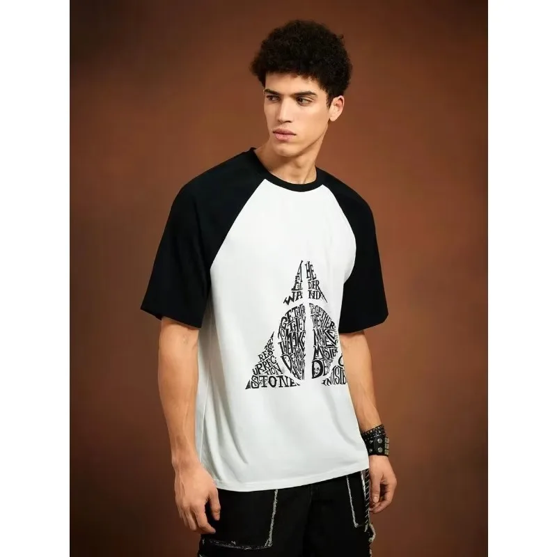 "Miniso Harry Potter IP Deathly Hallows Logo نص ملابس الوالدين والطفل بأكمام قصيرة 2025 نمط صيفي جديد، طباعة ثلاثية الأبعاد" #3