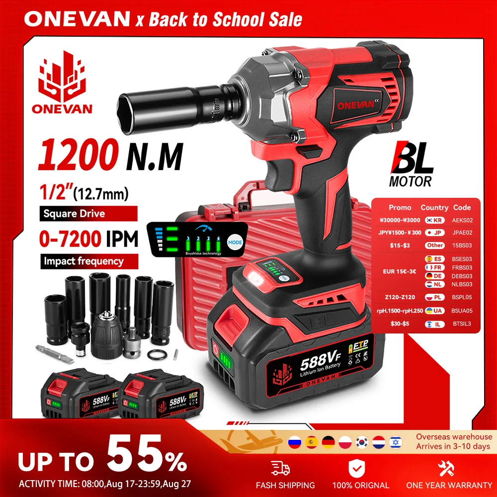 ONEVAN 1200N.M Avvitatore elettrico senza spazzole 1/2 pollici Avvitatore a batteria Chiave utensile elettrico per Makita 18V Batteria Pin