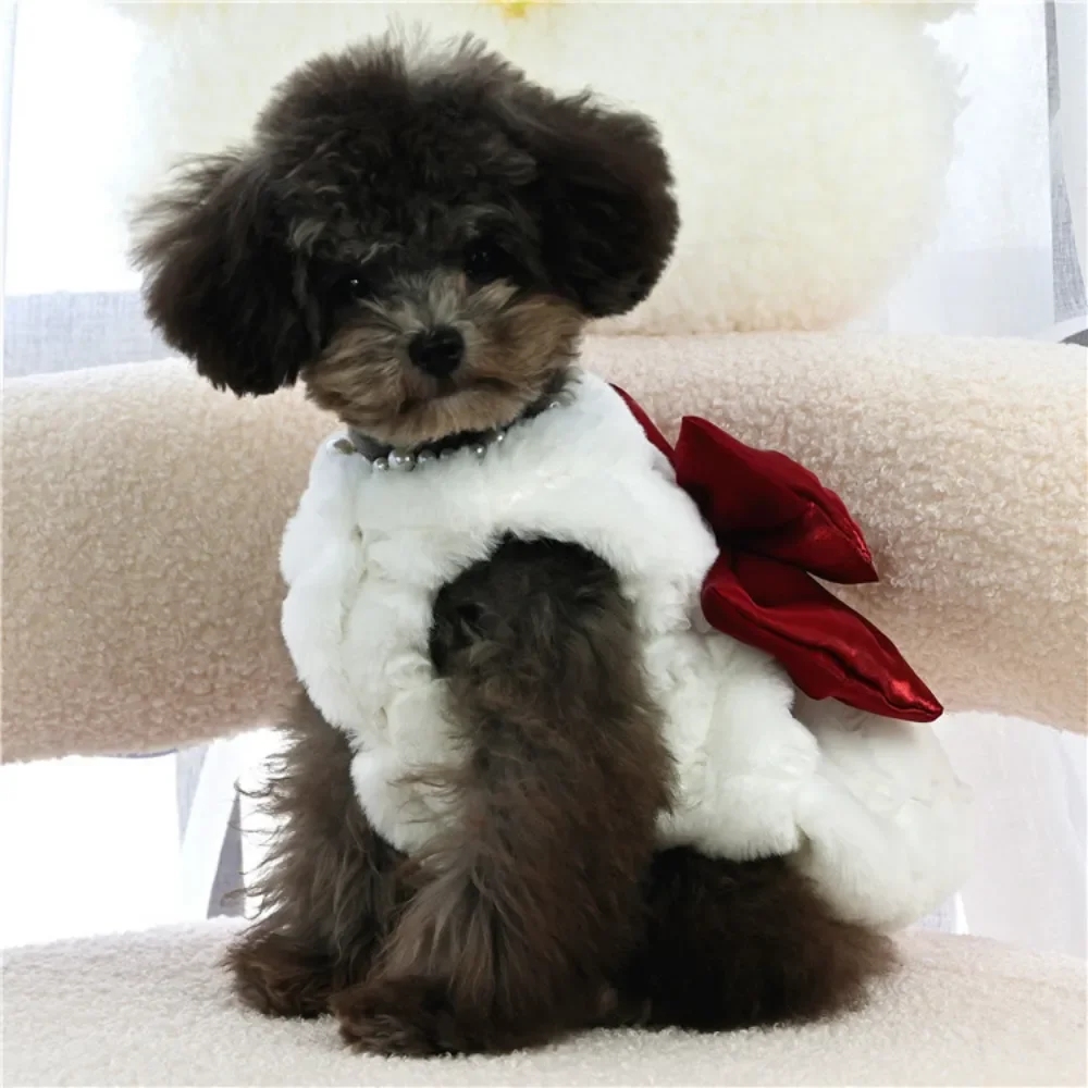 Pet Rabbit Fur Dress Clothes Cute Bow Dog Clothing Autumn Winter Rabbit Fur Material Teddy Bear Warm Coat Dog Dresses Clothes view 3