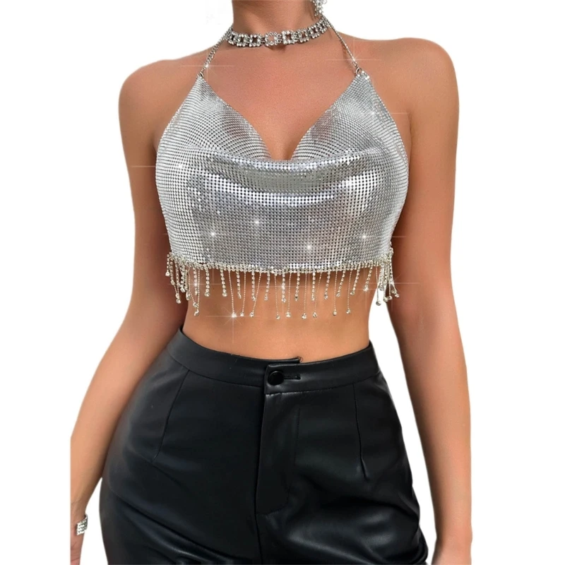 

Womens Sexy Chain Crop Top Halters Hollows Out Sequined Chain Top Backless Top Raves Party Clubwears Gift