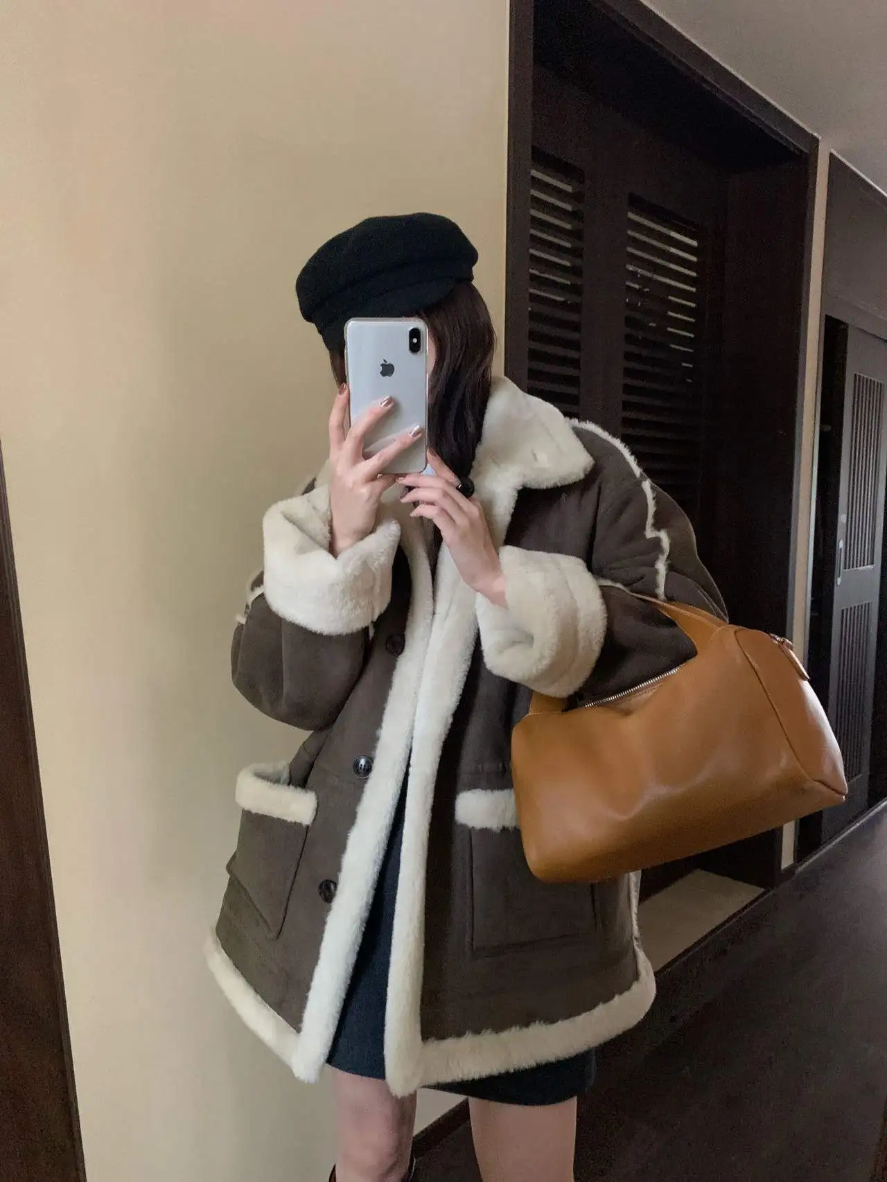 Thiened Fce 暖かさ カジュアル ルーズフィット スタンドカラー レザーとファー インテイテッド 秋冬 アウター S4404 レトロ Sle