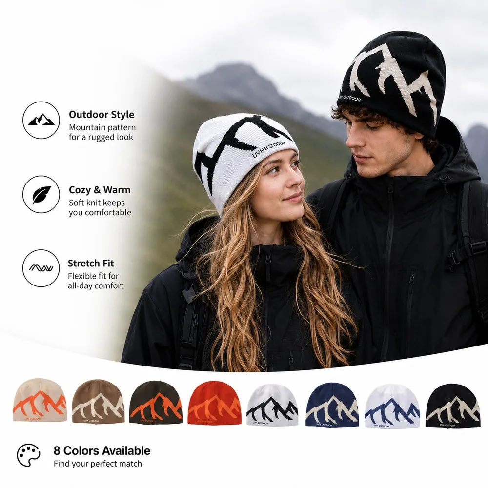 Mountain Pattern Winter Beanie Hat for Men Women Warm Knitted Skull Cap Outdoor Hiking Skiing Stretchy Unisex Couple Hat