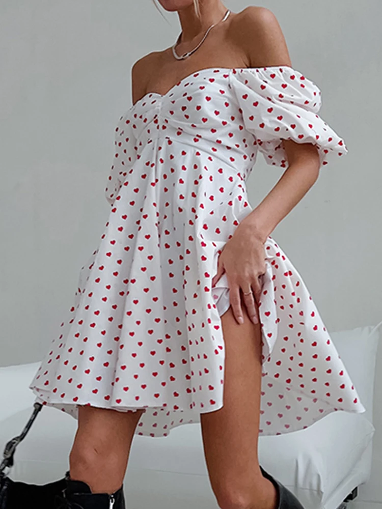 

Slash Neck Short Dresses Women Vintage Heart Print Dress Ladies Summer Puff Sleeve Dress Female Elegant Off Shoulder Vestidos