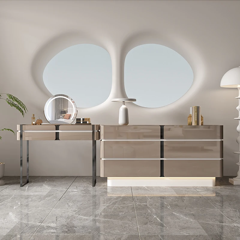 خزانة خشبية صلبة إيطالية بسيطة، خزانة ملابس، خزانة تخزين، غرفة نوم متكاملة، فاخرة خفيفة، طاولة مكياج فاخرة، غير قابلة للصدأ #4