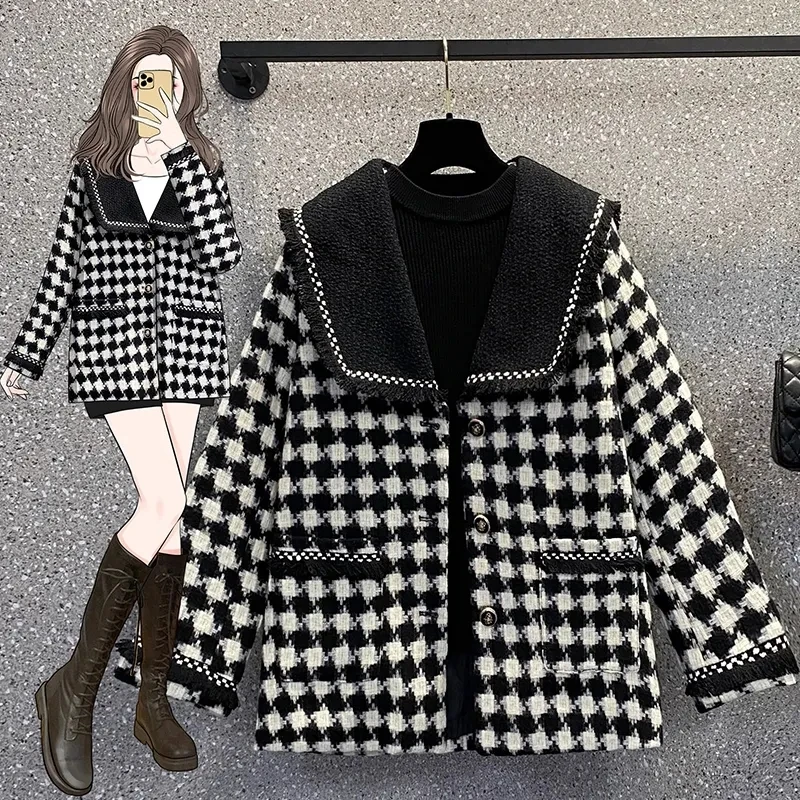 Women Spring New Fashion Thousand Bird Plaid Woolen Fabric Jacket Female Western Style Aging Woolen Fabric Small Fragrant Coat