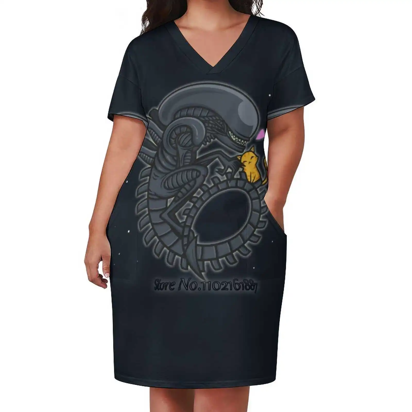 Xenomorph Cuddles Fashion Street Dress Loose V-Neck Short Sleeve Skirt Casual Party Skirt 5Xl Xenomorph Cat Weyland Corp