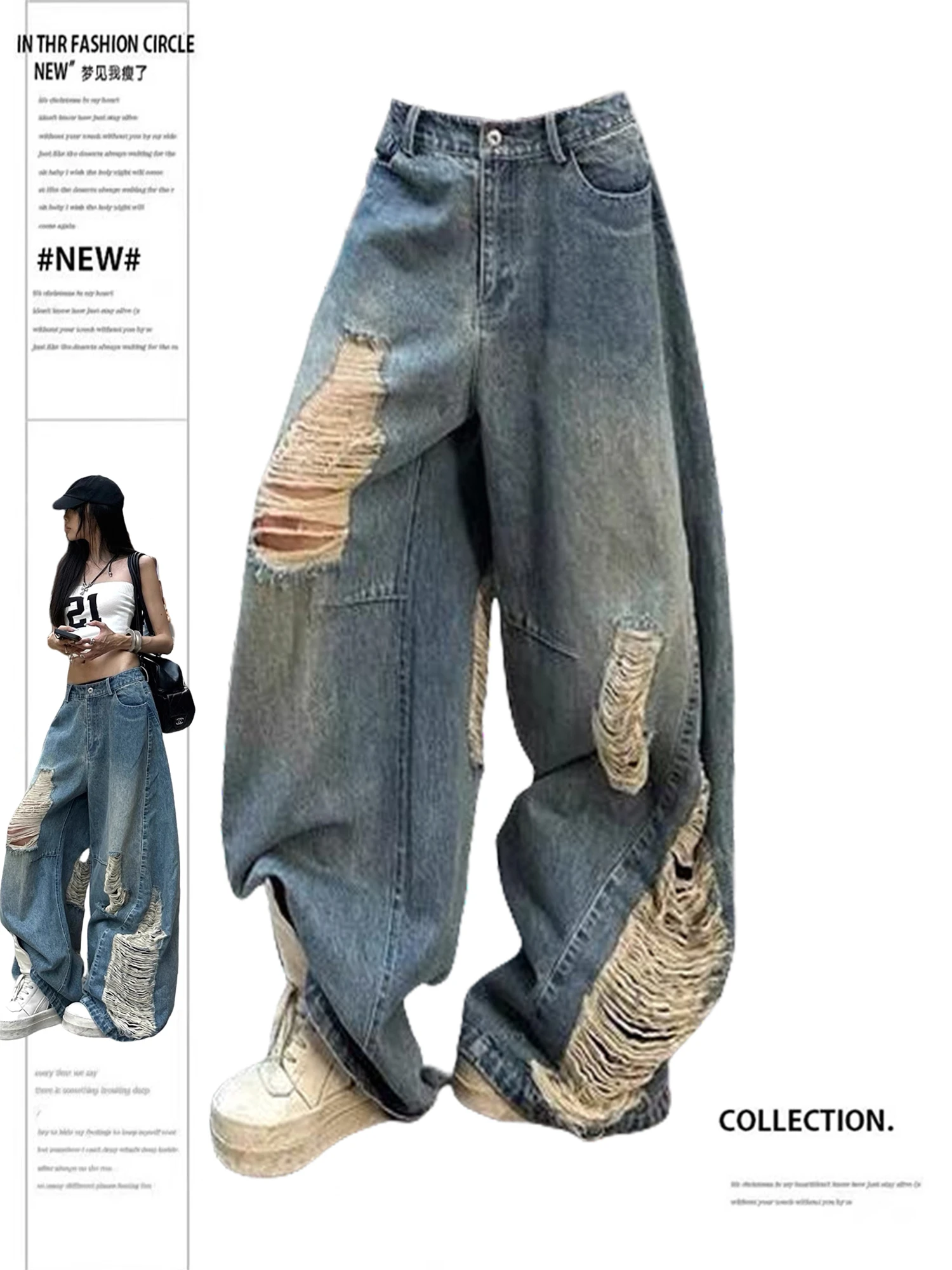 

Y2K Women's High Waist Wide Leg Jeans Light Blue Vintage Washed Distressed Ripped Frayed Hem Baggy Streetwear Denim Trousers