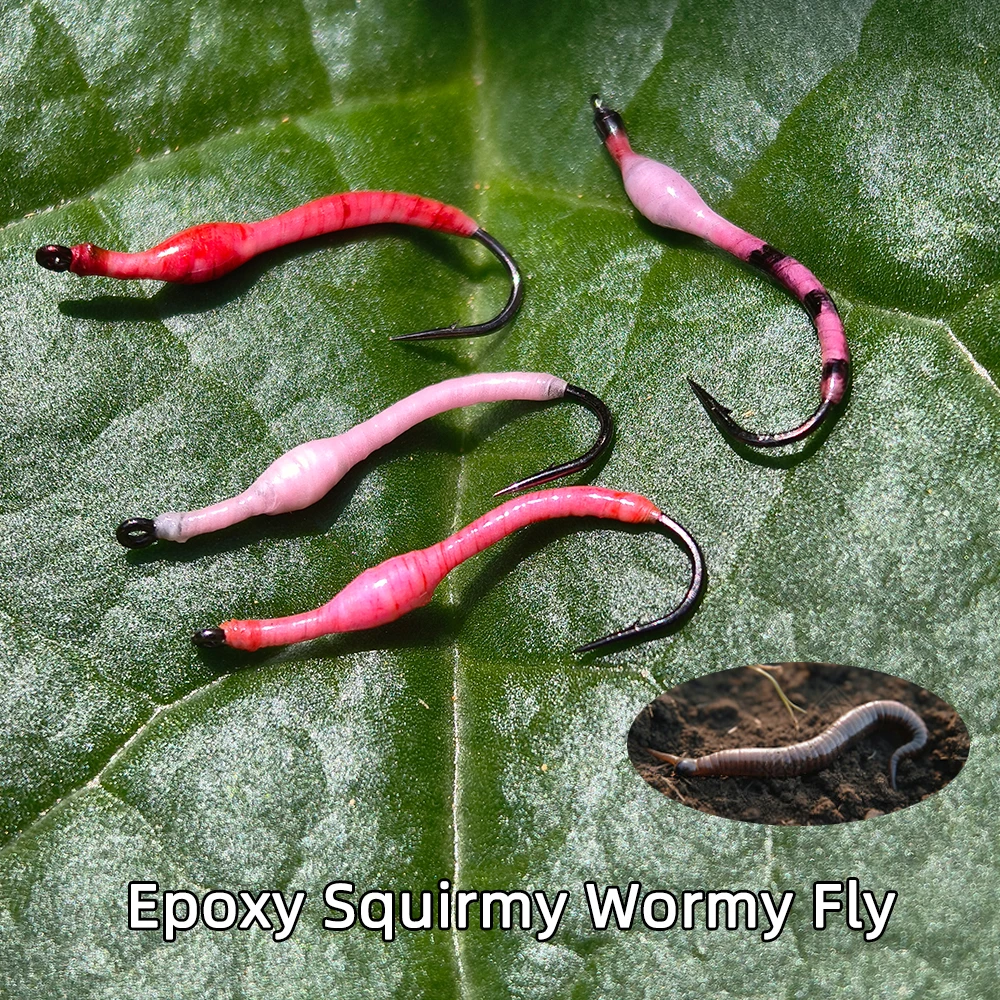4PCS 6PCS #13 Epoxy Squirmy Wormy Fly Luminous Earth Worm Lure Realistic Fly Fishing Bait for Trout Crappie Panfish 4 Colors