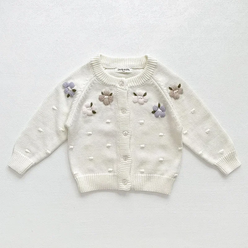 2024 New Autumn Baby Girls Knitting Cardigan Coat Long Sleeved Floral Embroidery Casual Loose Sweater Coat Kids Knitted Cardigan