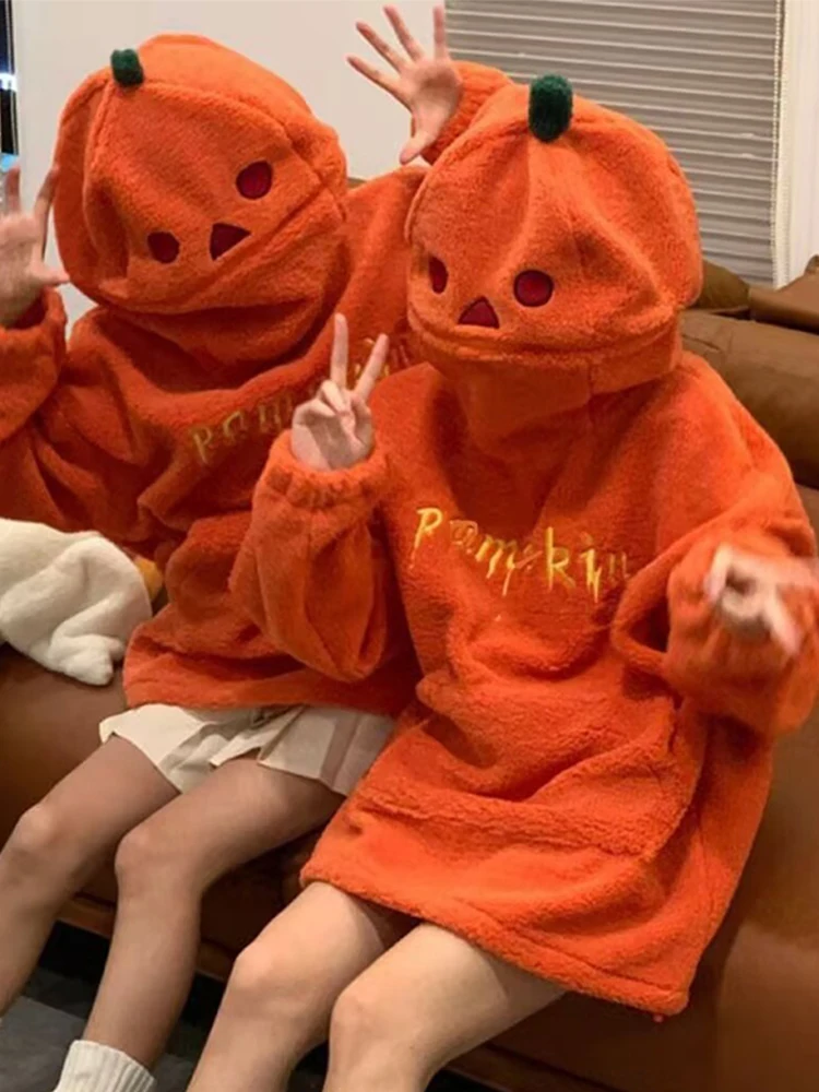 Halloween Pumpkin Head Lamb Plush Hoodie Women Casual Oversized Orange Pullover Hoodie Female Autumn Winter Warm Cartoon Tops