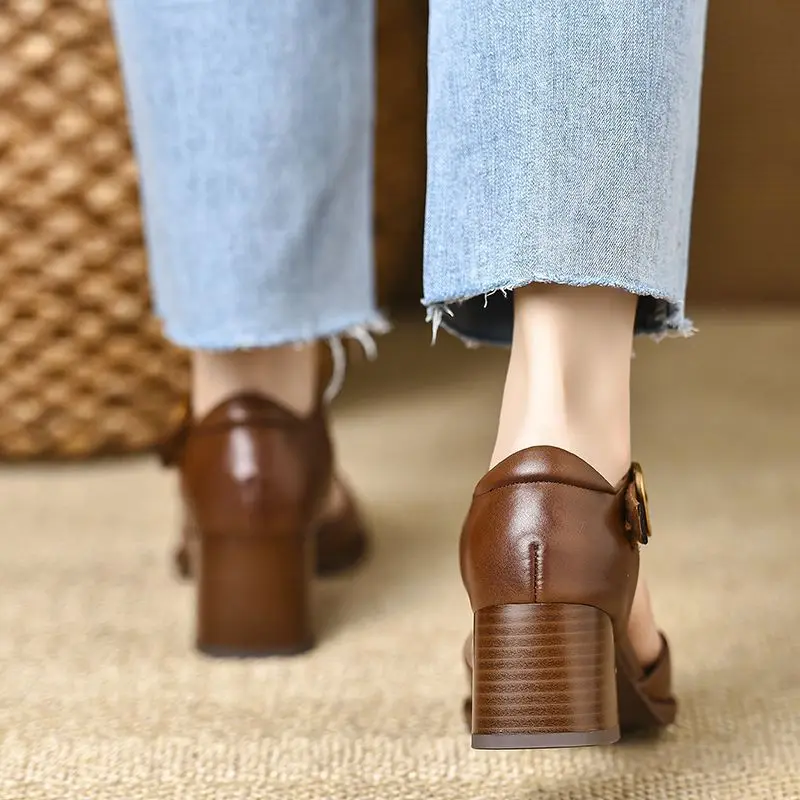 Neue 2026 Mode Echtleder-Sandalen für Damen mit Dicken Hohen Absätzen Büro-Kleiderschuhe Sommer-Damenschuhe Elegantes Schuhwerk – Detail 4