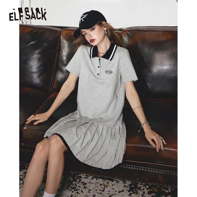 Elfsack-女性のカジュアルなプリーツTシャツドレス、灰色のポロカラー、大学スタイル、新着、夏、2022