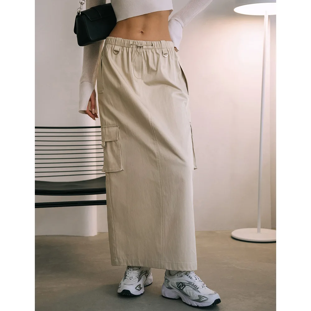 

Y2k Cargo Skirts for Women 2023 Drawstring Elastic High Waist Long Skirt Girls 100% Cotton Casual Streetwear with Pockets