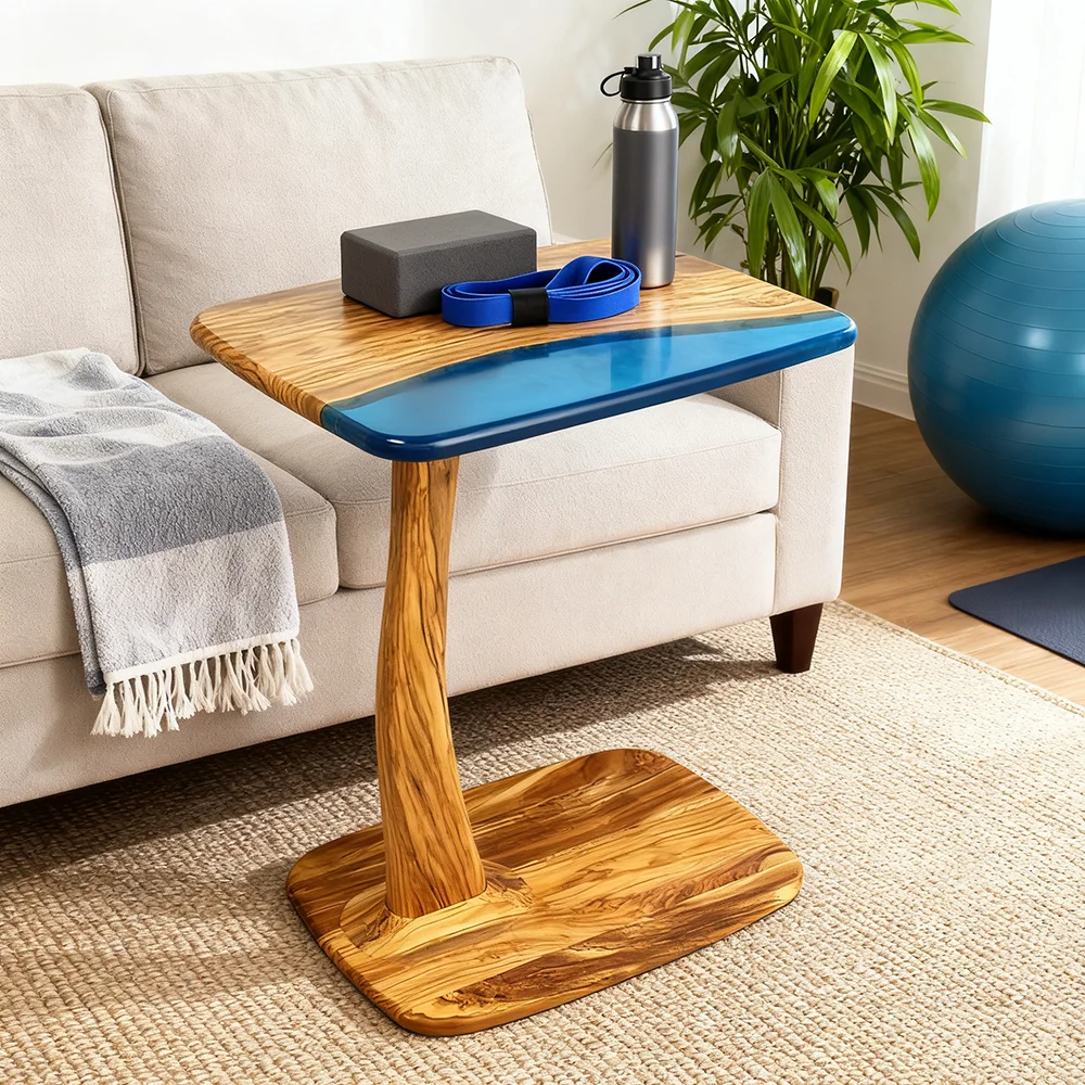 Natural House Luxury Olive Wood And Resin Side Table C-shaped End Table For Living Room Bedroom Bedside