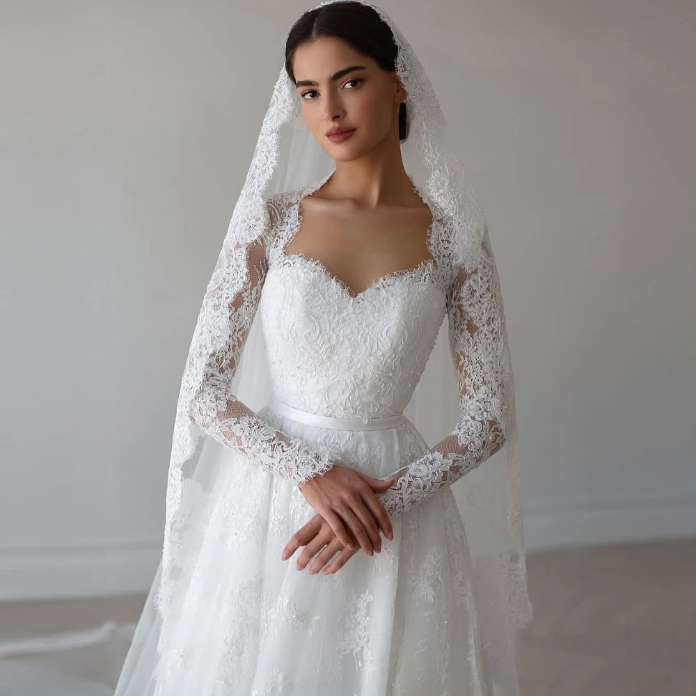 

Customized Elegant White Lace Wedding Dress Formal Sweetheart Long Sleeves Bridal Gown Soft A-Line Court Train Vestido De Novia