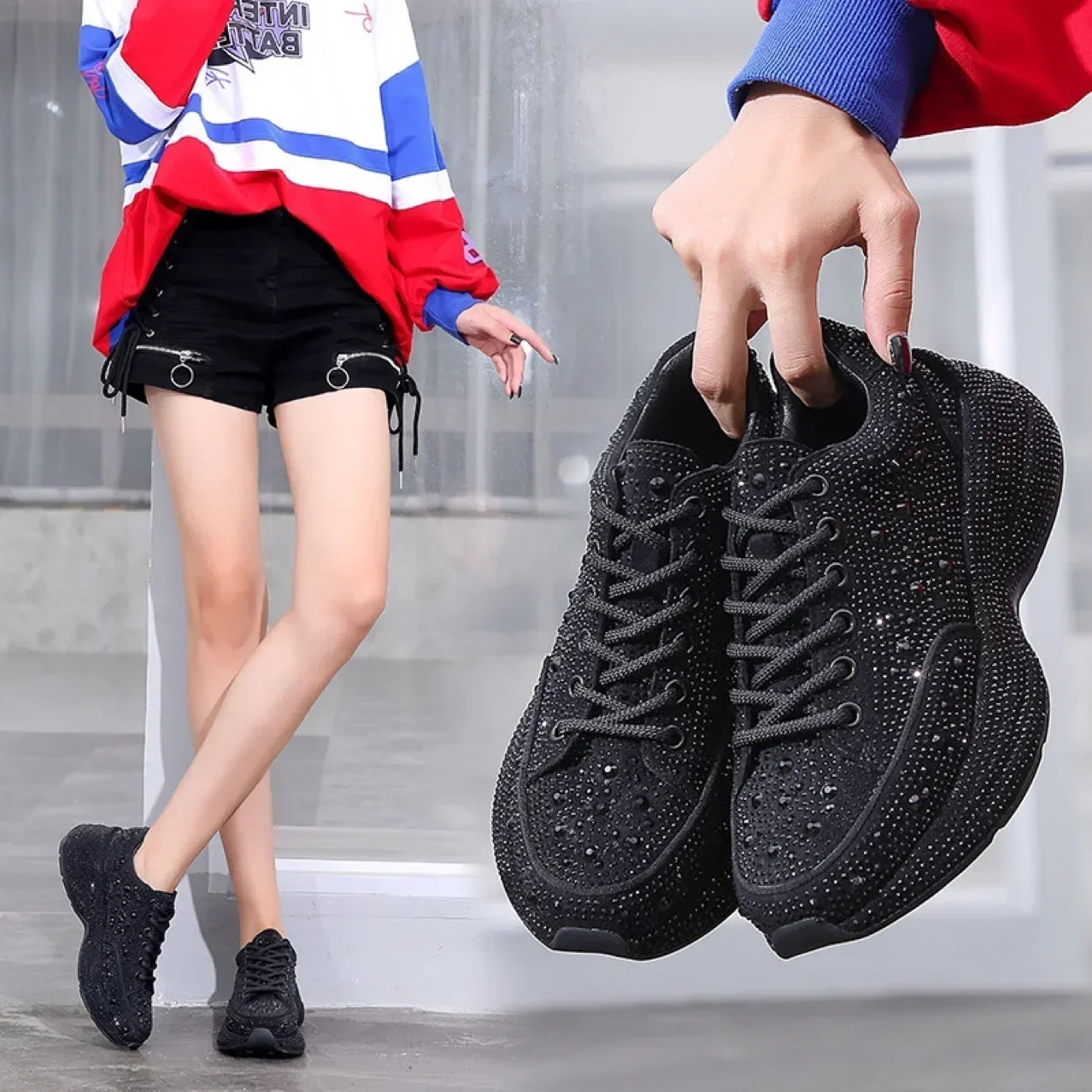 Top Quality Women Walking Shoes 2022 New Women's Casual Shoes Thick Sole Rhinestone Breathable Shiny Daddy Shoes Women Sneakers image 4