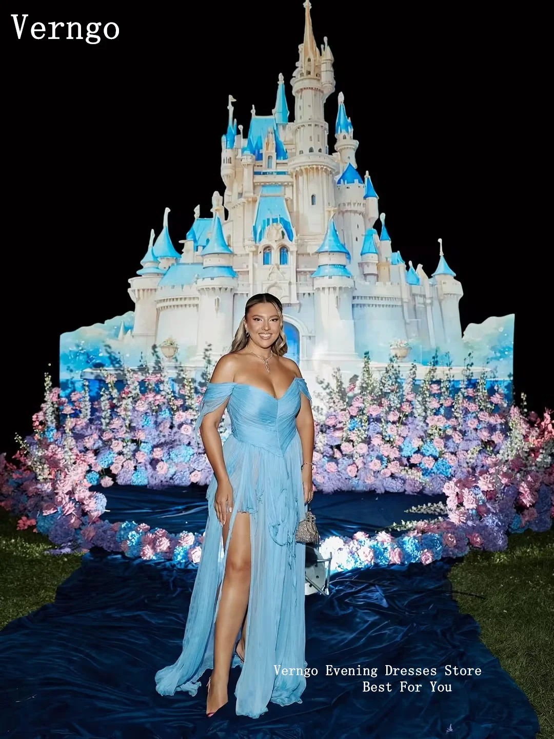 Verngo Sexy Blue Chiffon Evening Dress Off The Shoulder A Line Party Gowns Women Side Split Prom Gowns Customized