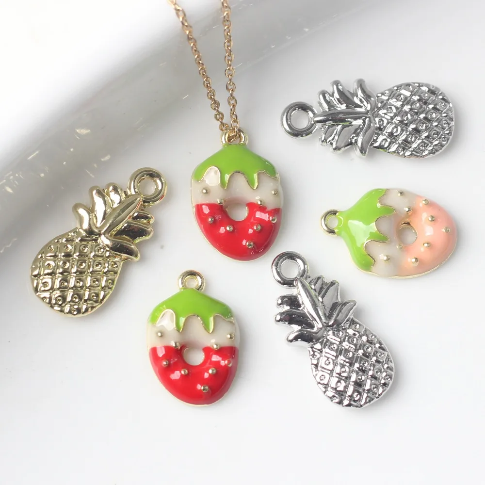 10Pcs/pack Simple Alloy Drip Oil Spray Paint Strawberry Pineapple Pendant DIY Bracelets Necklaces Jewelry Accessories