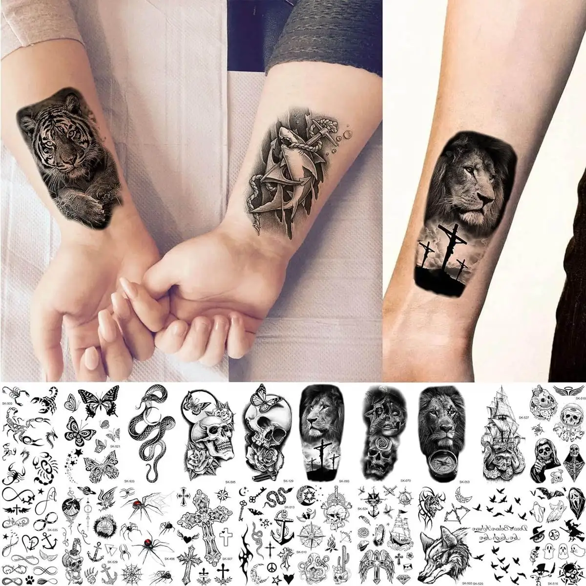 48 Sheets Small Temporary Tattoos For Women Men Neck Arm Tiny Tattoo Sticker Fake Cross Snake Tiger Lion Ghost Tatoos 3D Anchor