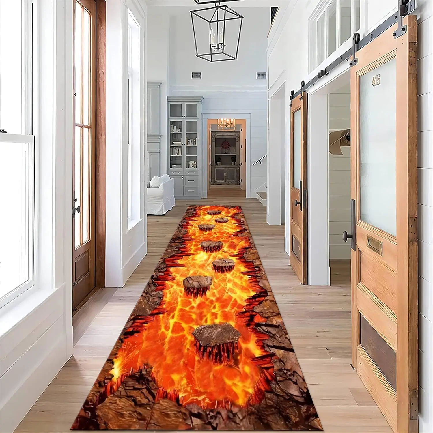3D Optical Illusion Flame Runner, 1.3x7ft Abstract Lava Long Kitchen Rug, Retro Rock Cracks Print Indoor Bedroom Entryway Rug