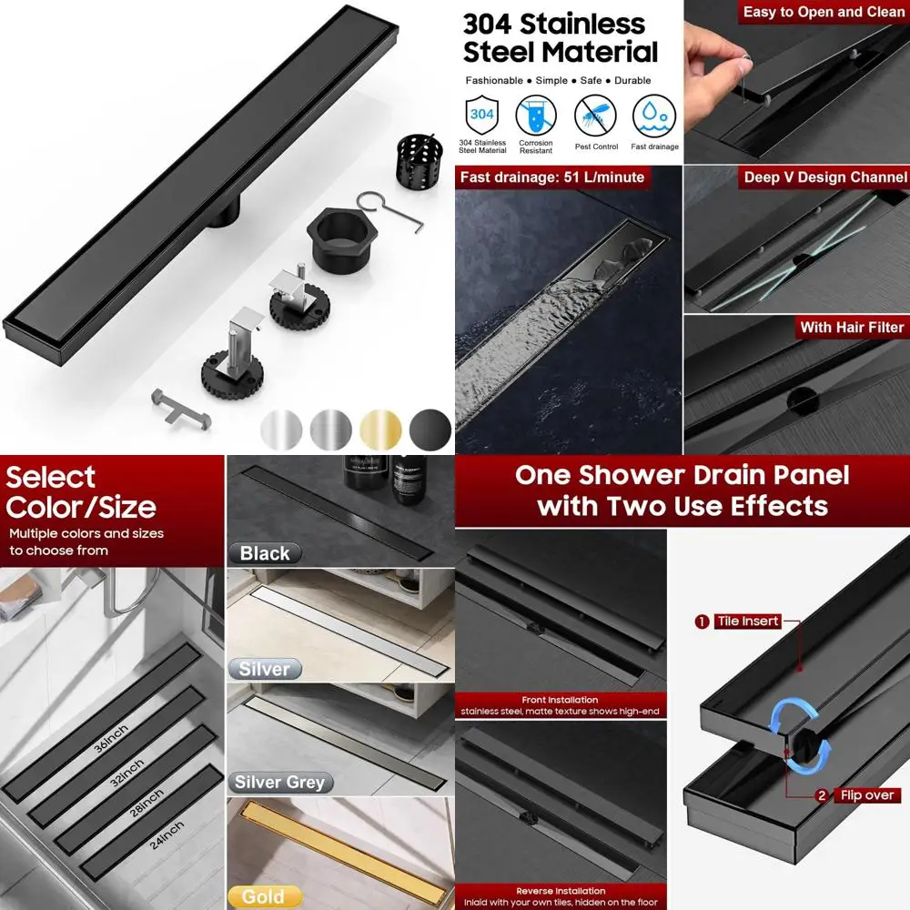 

36 Inch Stainless Steel Linear Shower Drain with Adjustable Tile Insert Panel for Versatile Installation